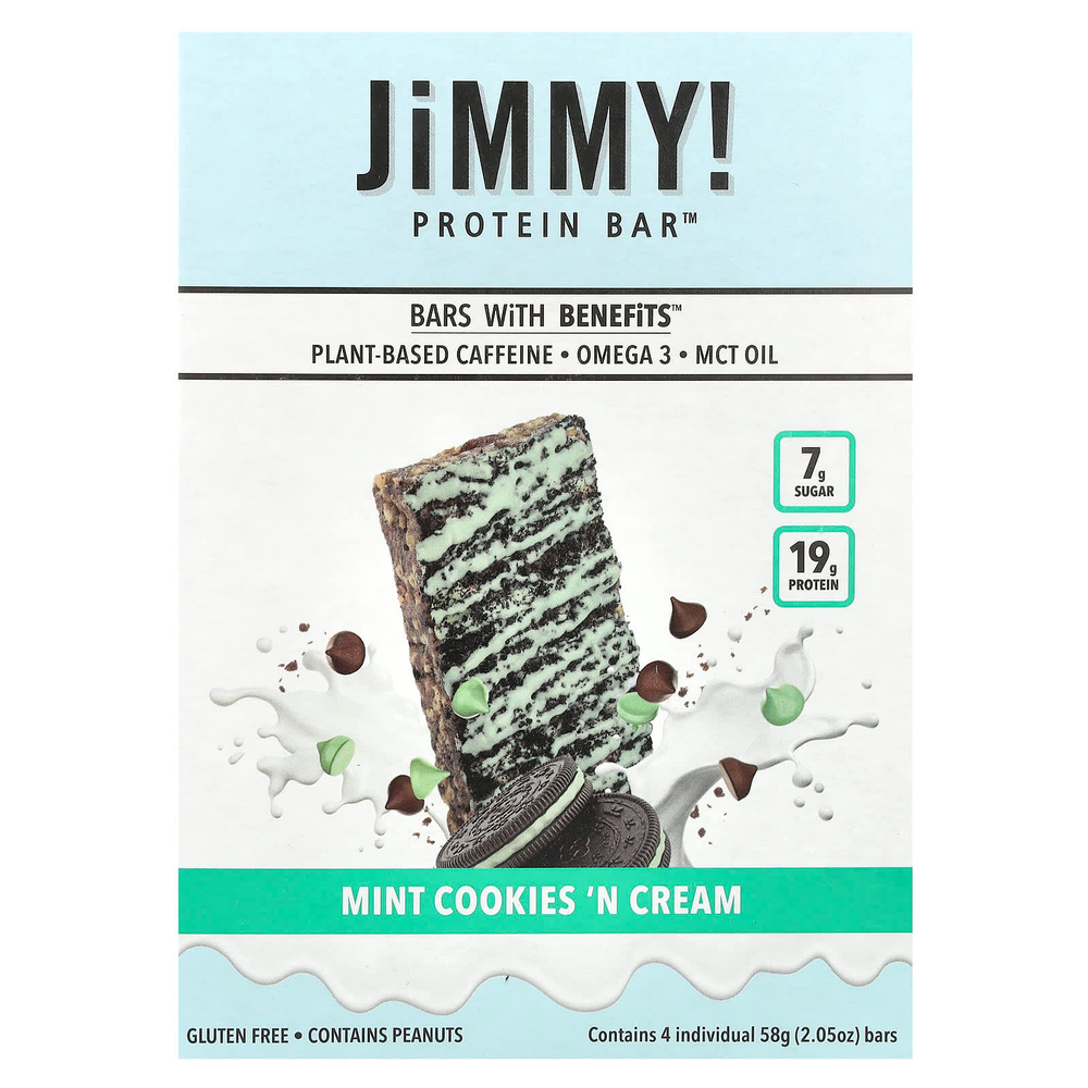 JiMMY!, Bars With Benefits™, протеиновый батончик, мятное печенье и крем, 4 батончика по 58 г (2,05 унции)