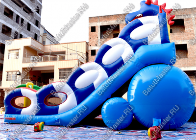 Коммерческий надувной батут-горка "Дракон" 10*5*8 м,без шипов сине-белый