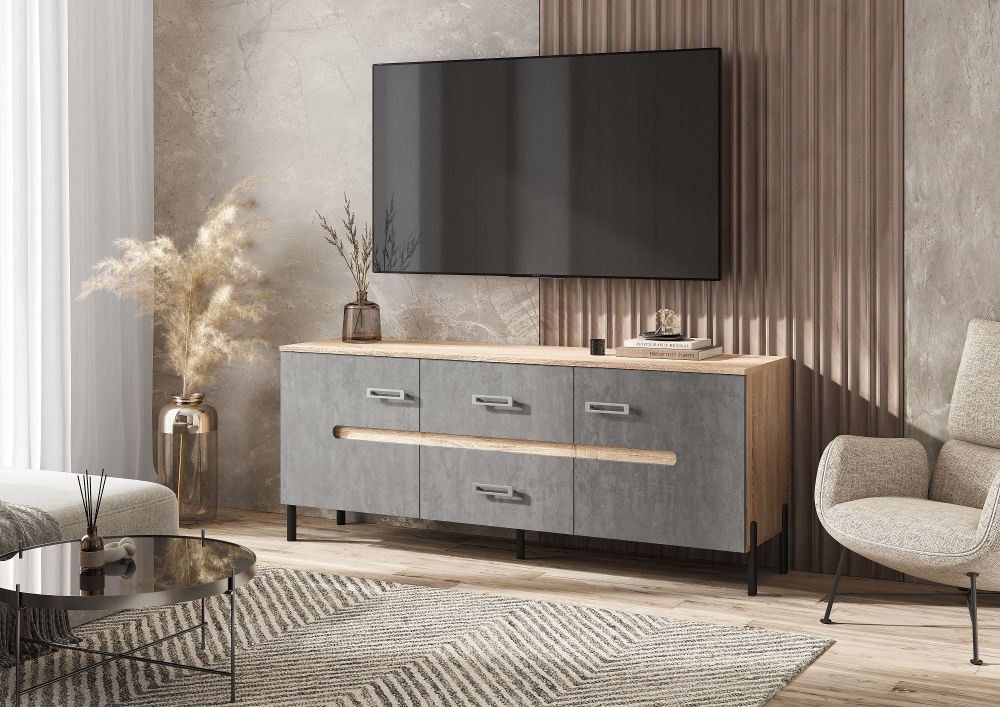 Тумба под телевизор напольная Металл сонома/Бетон графит 160х42х65