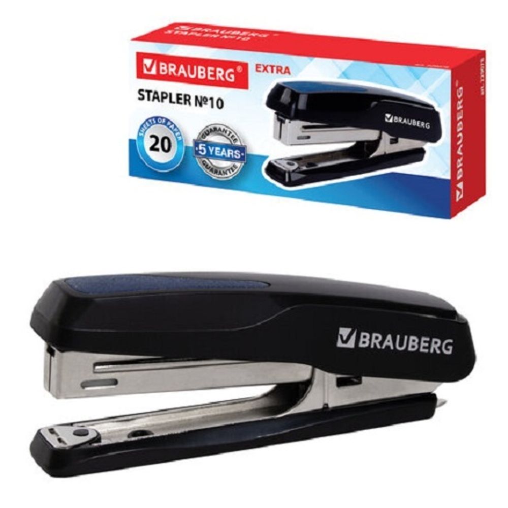Степлер №10, Brauberg Extra, до 20л, пластиковый корпус, черно-синий