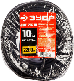 Удлинитель-шнур ″ПВС 207-Ш″, 10 м, 2200 Вт, 1 гнездо, ПВС 2х0,75 мм2, ЗУБР