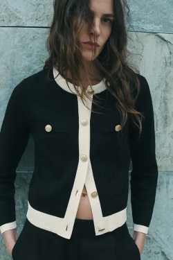 ZARA КАРДИГАН С ЗОЛОТИСТЫМИ ПУГОВИЦАМИ, ЧЕРНЫЙ/ЭКРЮ