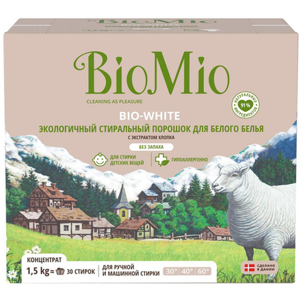 Стиральный порошок BioMio Bio-White, для белого белья, с экстрактом хлопка, 1,5 кг