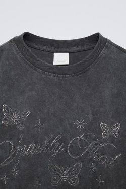 ZARA ФУТБОЛКА СО СТРАЗАМИ, АНТРАЦИТОВО-СЕРЫЙ