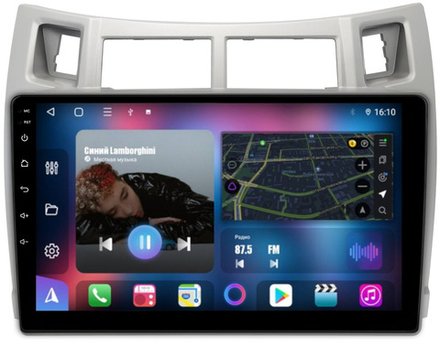 Магнитола для Toyota Vitz 2, Yaris 2 2005-2011 (рамка серебро) - FarCar BM3022M на Android 13, QLED, ТОП процессор, 4Гб+32Гб, CarPlay, 4G SIM-слот