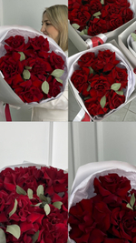 Букет из Алых, красных роз  с эвкалиптом, монобукет, 7 цветов, 50см