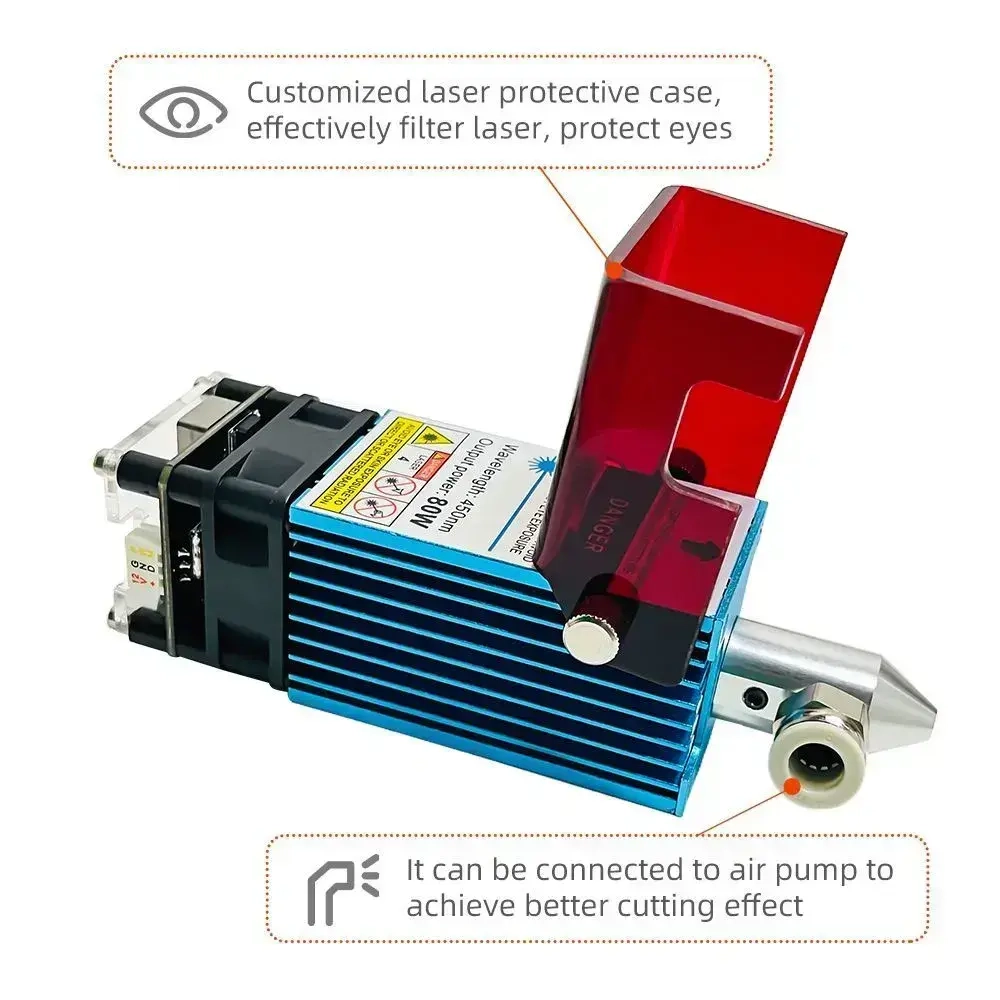 Лазерный модуль 80 Вт, 450 нм, фактическая мощность 10 Вт, с воздушной насадкой, подходит для гравировального станка с, 3D-принтера, деревообрабатывающих инструментов DIY