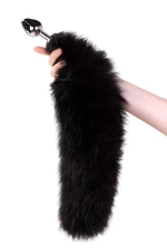 Большая серебристая металлическая анальная втулка с черным лисьим хвостом (Цвет: черный)