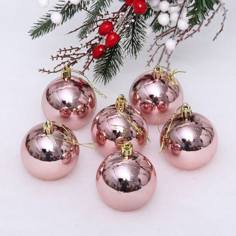 Новогодние шары 6 см (набор 6 шт) "Глянец", Розовое золото (Серпантин)