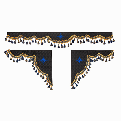 Ламбрекен 1,8м с косынками универсальные стеганые Роза Ветров (экокожа, черный, синие кисточки)