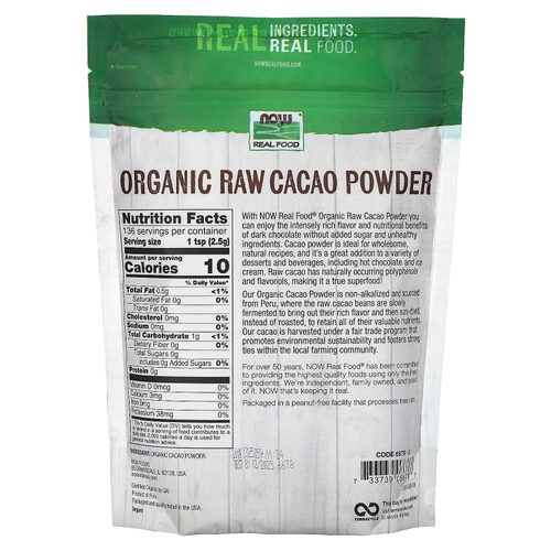 NOW Foods, Real Food, органический необработанный какао-порошок, 340 г (12 унций)