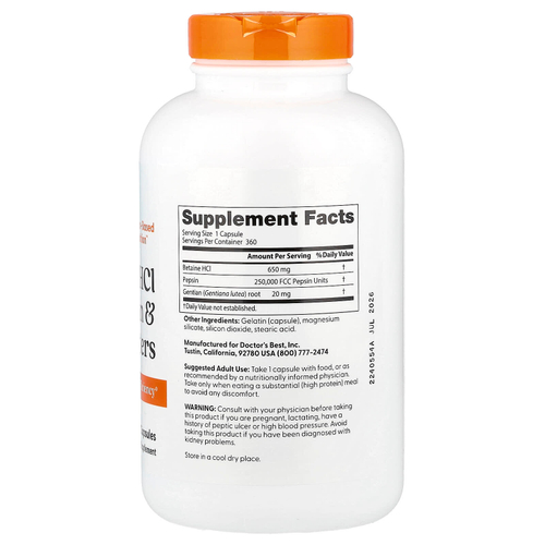 Doctor's Best, горькая настойка из бетаин гидрохлорида, пепсина и горечавки, 360 капсул