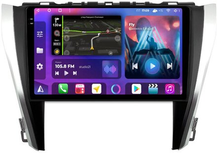 Магнитола для Toyota Camry 2014-2018 (рамка серебристо-черная) - FarCar BM10-7044B монитор 10.36" QLED на Android 14, TS10, 4+32Гб, CarPlay, 4G SIM-слот