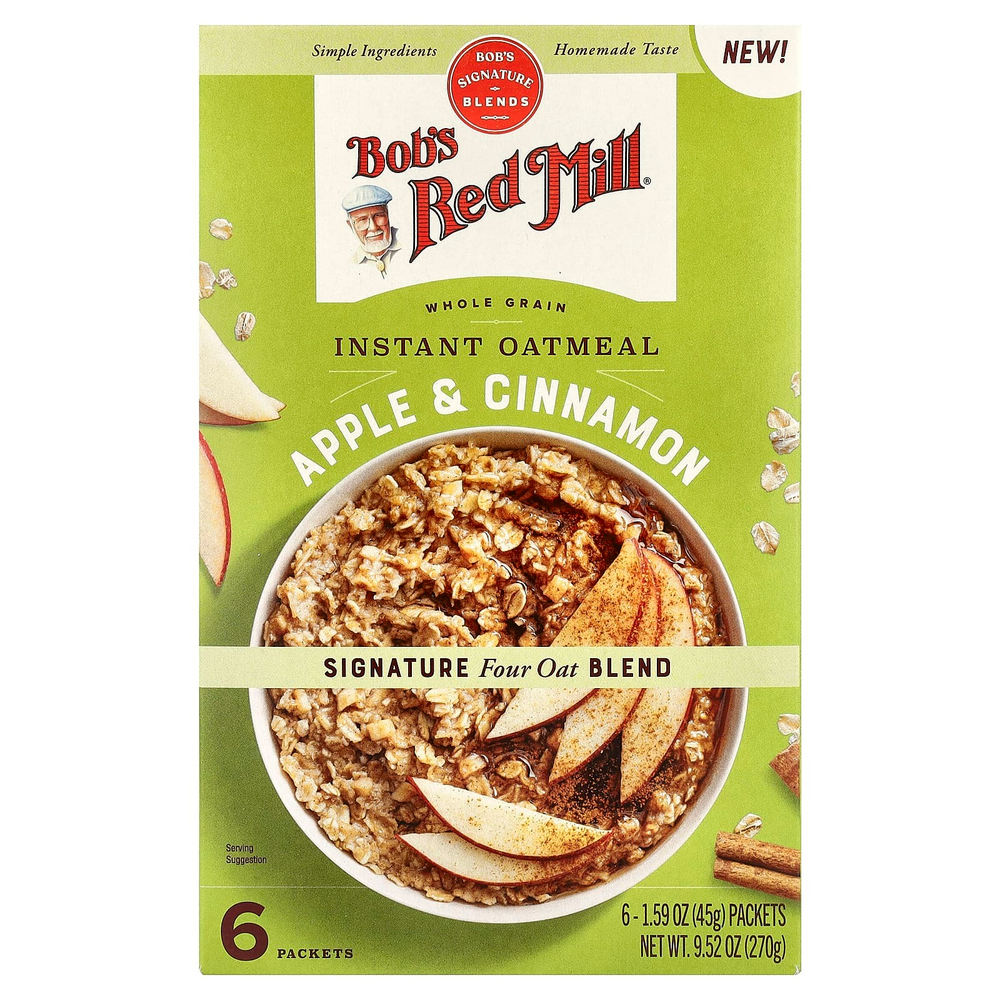 Bob's Red Mill, Овсянка быстрого приготовления, цельнозерновые, яблоко и корица, 6 пакетиков по 45 г (1,59 унции)