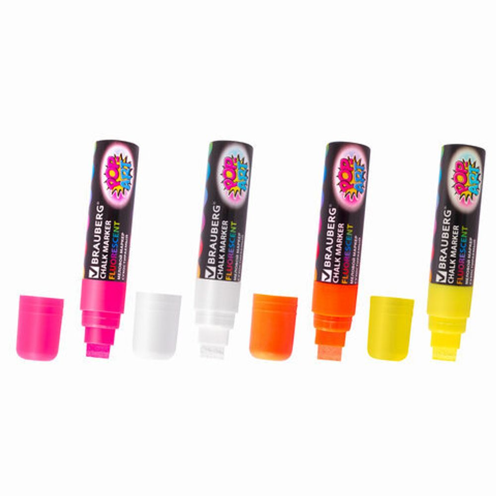Маркеры меловые "POP-ART", НАБОР 4 ЦВЕТА, 15 мм, сухостираемые, для гладких поверхностей, BRAUBERG, 151545