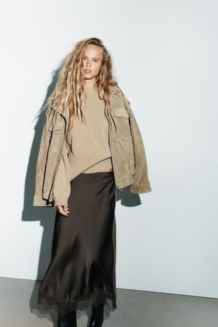 ZARA АТЛАСНАЯ ЮБКА МИДИ С КРУЖЕВОМ, ШОКОЛАДНО-КОРИЧНЕВЫЙ
