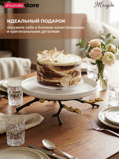 Блюдо 25 см. из керамики на металлической ножке с декором "Желуди"