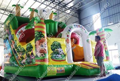 Надувной батут-горка "Слоник в джунглях с двумя горками с прямым скатом", 6*5*5.5 м