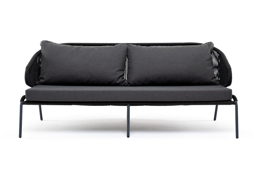 "Милан" диван 3-местный плетеный из роупа, каркас алюминий темно-серый (RAL7024) муар, роуп темно-серый круглый, ткань темно-серая 027