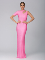 Женское платье макси розовое с асимметричным вырезом и кристаллами