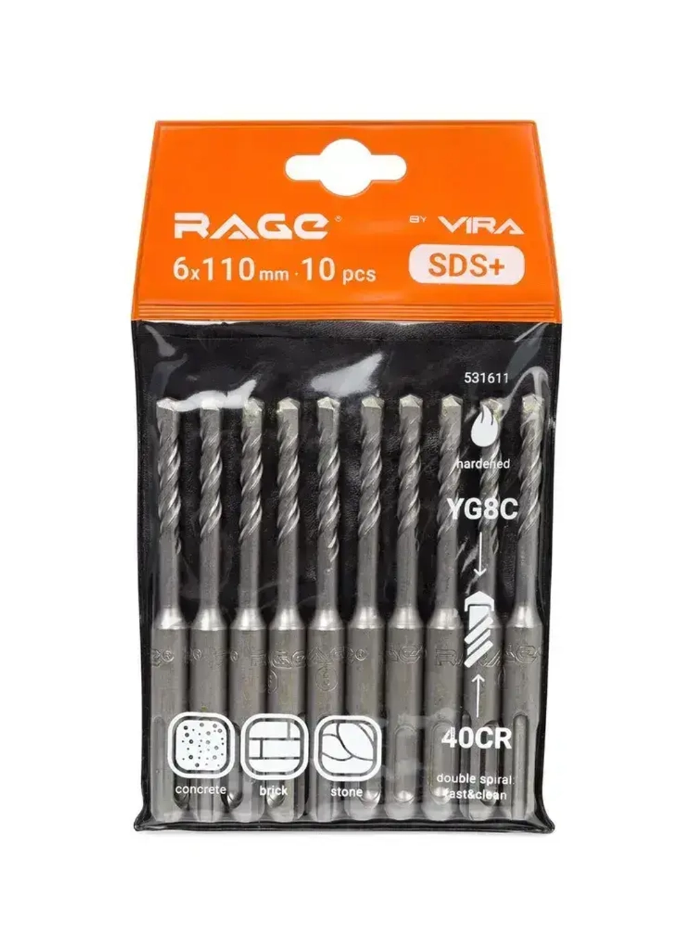 Бур по бетону для перфоратора 10 шт 6 х 110 мм SDS-Plus RAGE by VIRA