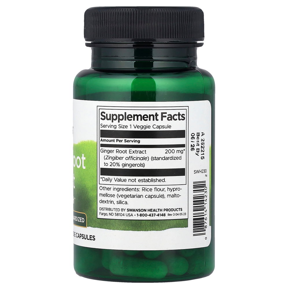 Swanson, стандартизованный экстракт корня имбиря, 60 растительных капсул (200 мг в 1 капсуле)
