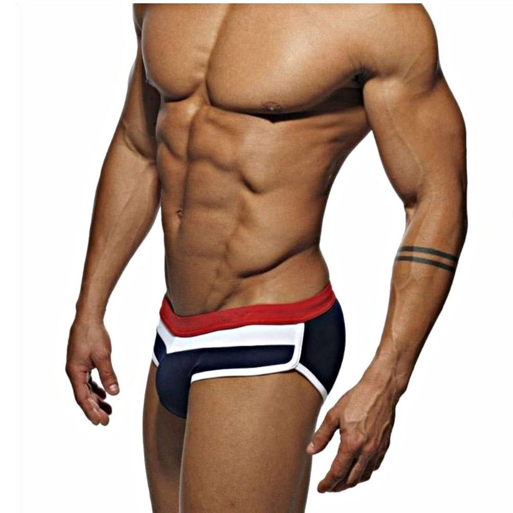 Темно-синие мужские плавки с контрастными полосами на поясе (Размер: M) (Цвет: темно-синий)