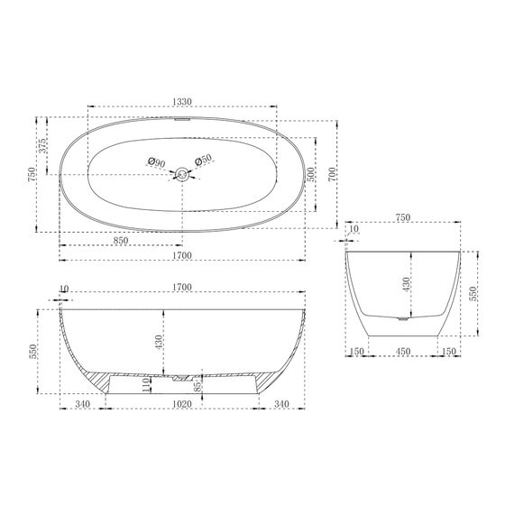 Ванна из искусственного камня ABBER Stein AS9624-1.7 белая матовая