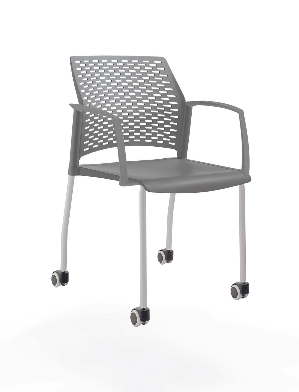 стул Rewind на 4 ногах и колесах, каркас серый, пластик серый, с закрытыми подлокотниками, сиденье и спинка без обивки
