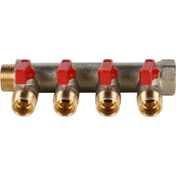 STOUT Коллектор с шаровыми кранами 3/4", 4 отвода 1/2" (красные ручки)