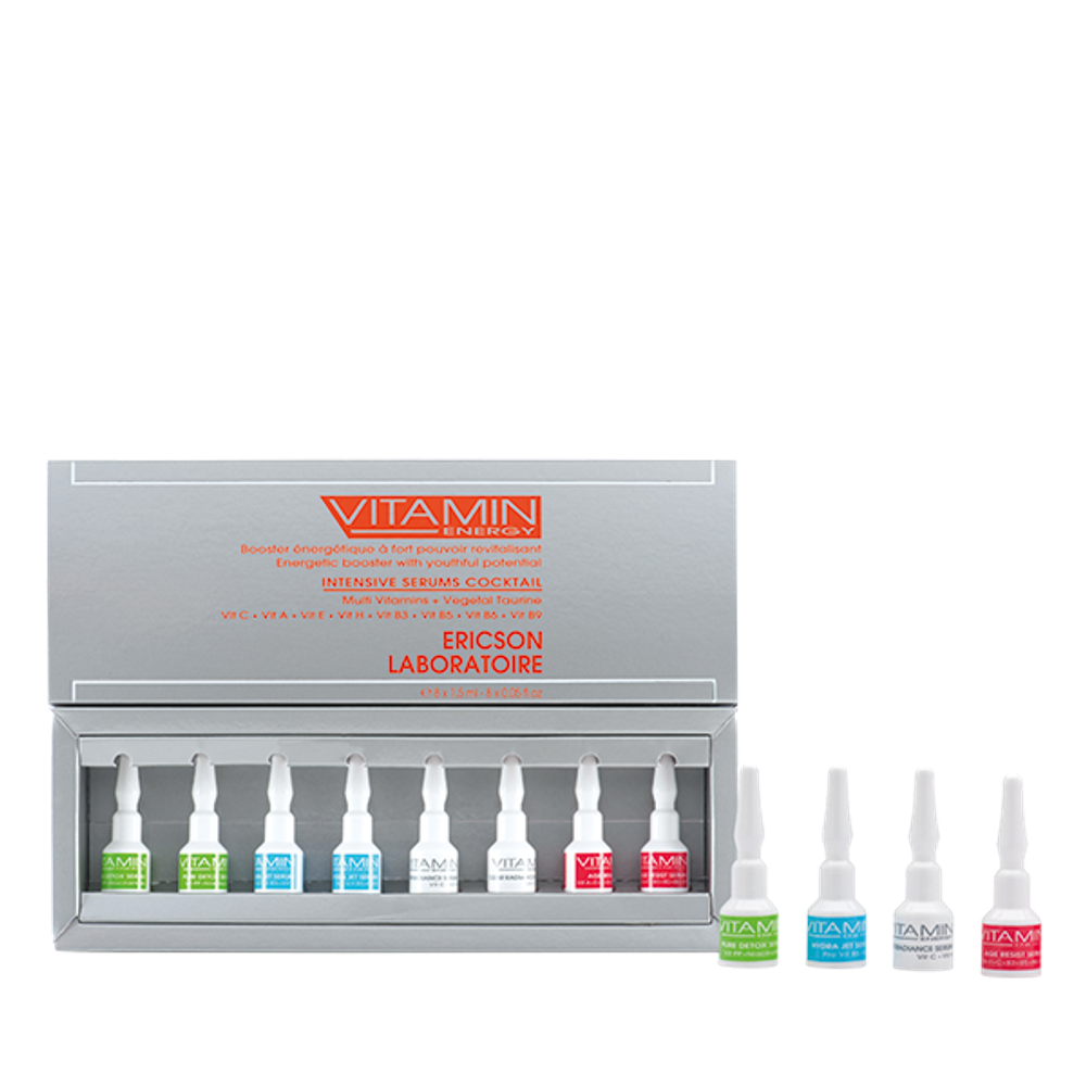 Ericson Laboratoire Набор витаминизированных концентрированных сывороток «Энергия Витаминов» Intensive Serums Cocktail  8 шт. x 1,5мл (сыворотка детокс 1,5мл, увлажняющая 1,5мл, регенерирующая 1,5мл, осветляющая 1,5мл)
