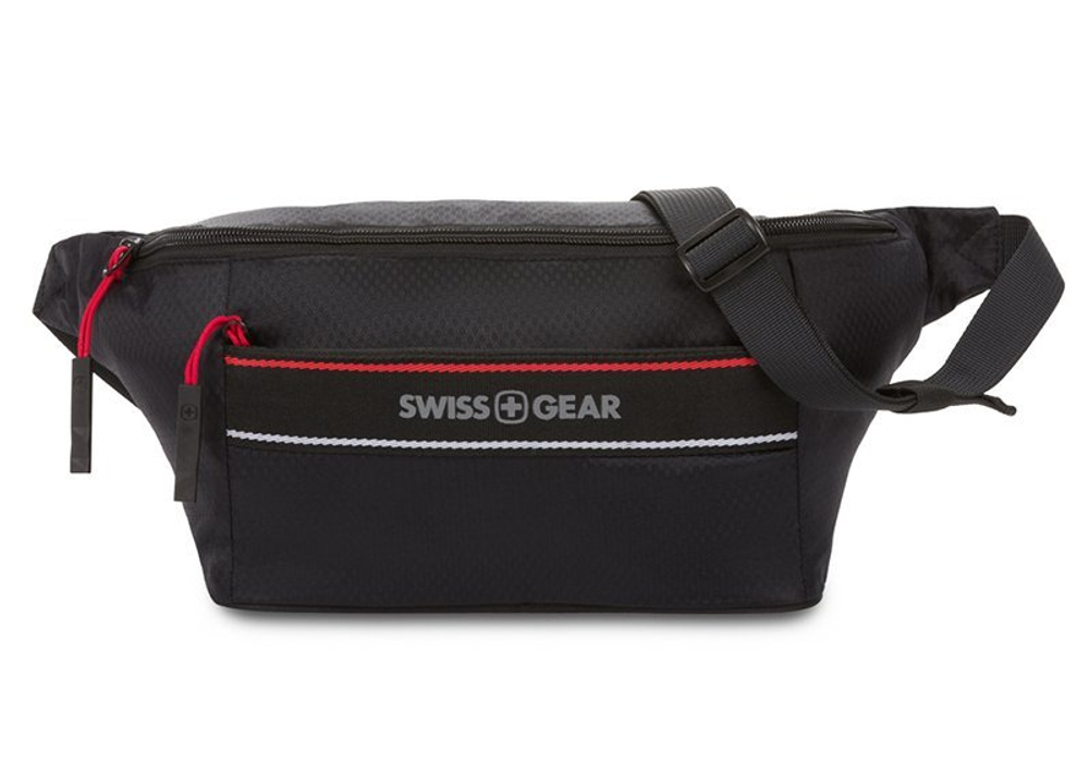 Швейцарская чёрная сумка на пояс 38х15х5 см SwissGear 3991202521 из прочного полиэстра с плетением рип-стоп армированной нитью