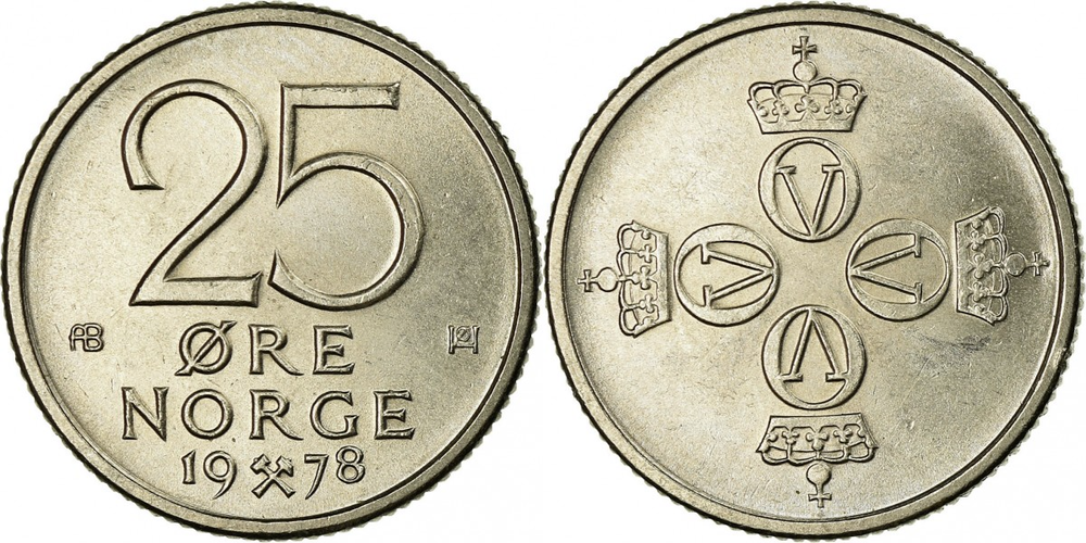 Норвегия 25 эре, 1974 - 1982 Король Улаф V XF