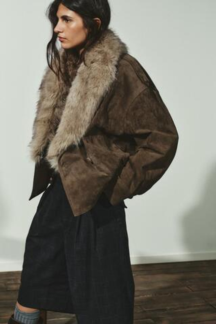 ZARA КУРТКА 100% ЗАМША С МЕХОМ, ХАКИ