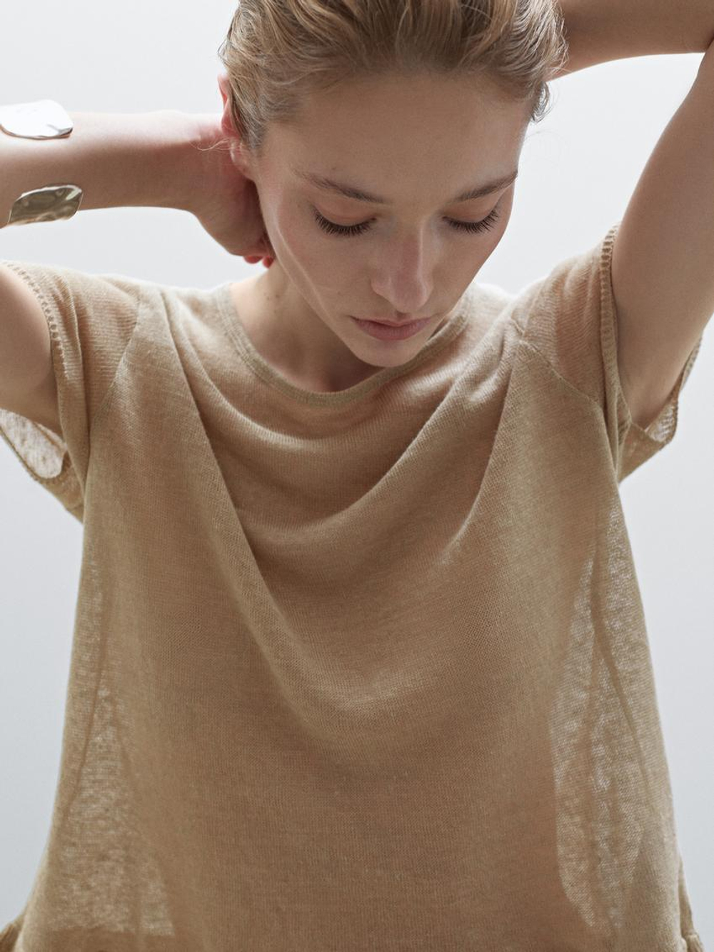 Massimo Dutti Футболка из 100% льна с волнистой кромкой по низу, дымчатый