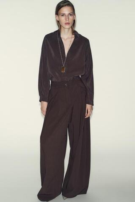 ZARA БРЮКИ С ШИРОКИМИ ШТАНИНАМИ И ТОНКИМ РЕМНЕМ, КОРИЧНЕВЫЙ