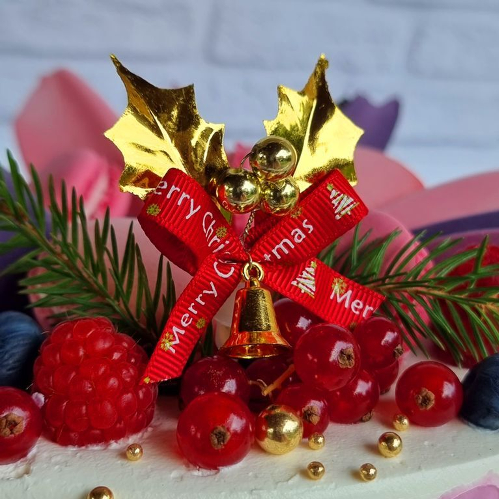Украшение колокольчик «Merry Christmas» золотые листики с красным бантиком