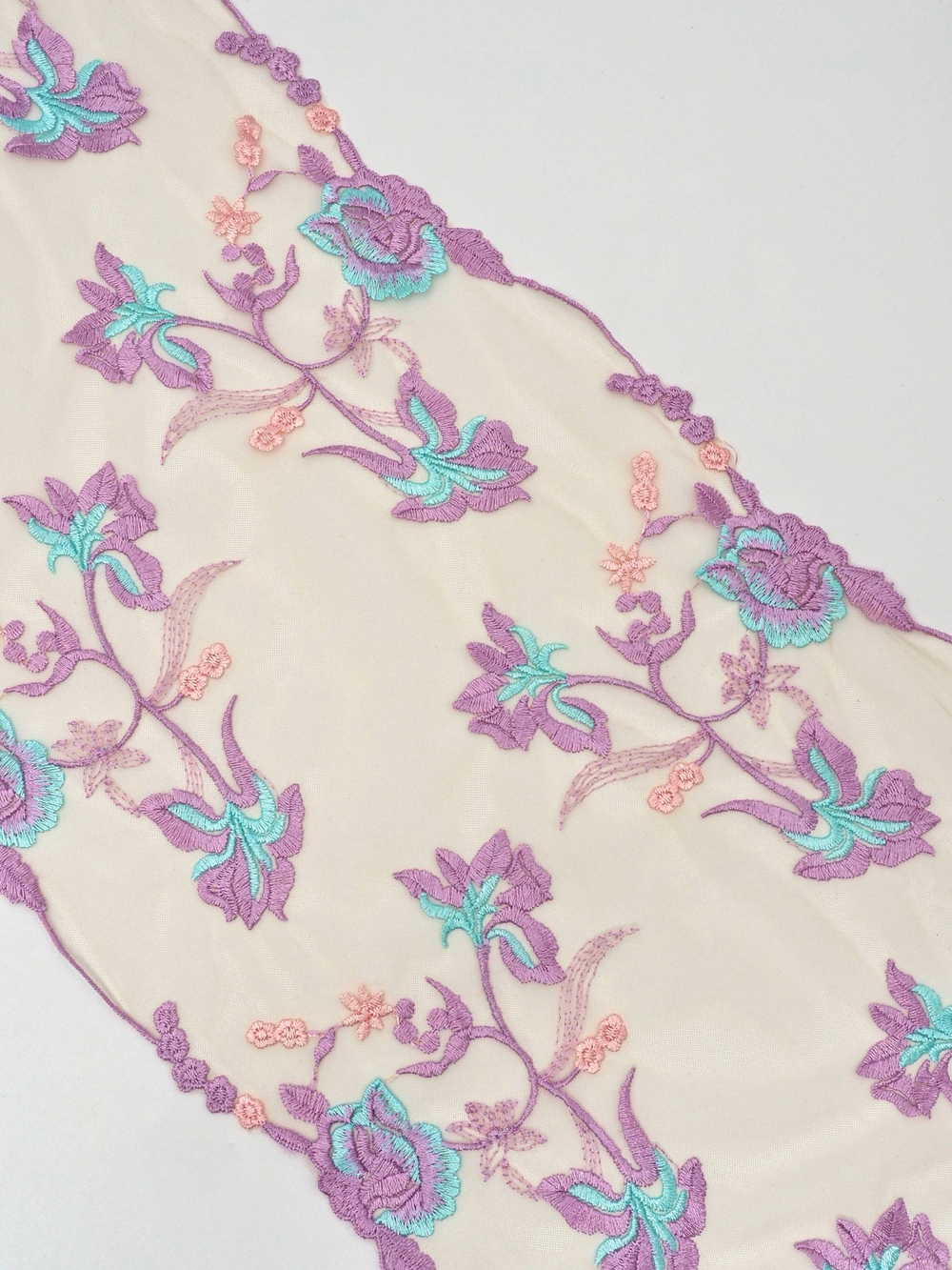 Кружево вышивка на сетке светло-бежевая с тиффани и сиреневым неэластичная ширина 23 см