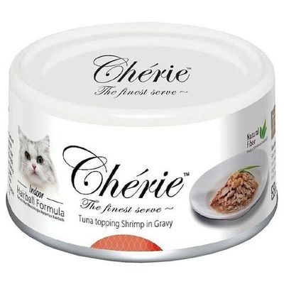 Влажный корм для кошек PETTRIC Cherie Hairball Control с тунцом и креветками в подливе, банка 80 г