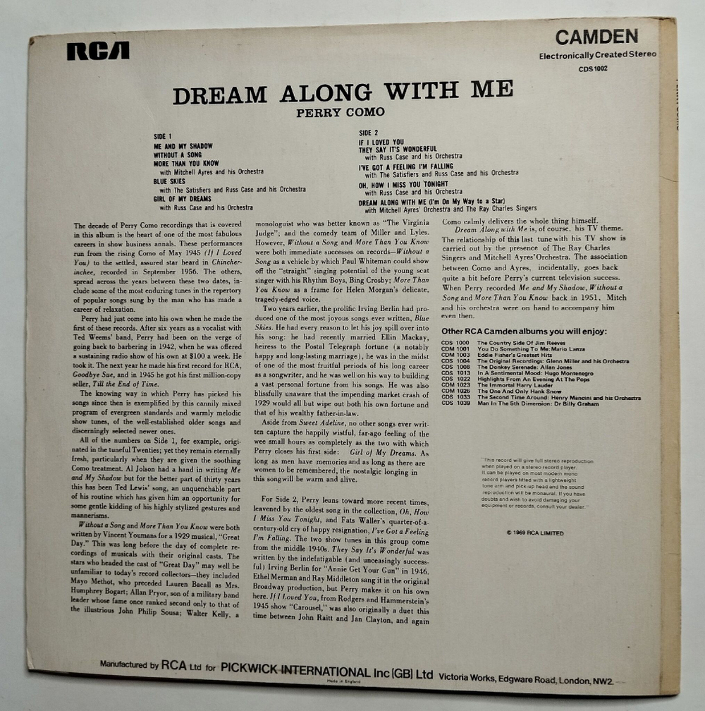 Винтажная виниловая пластинка LP Perry Como Dream Along With Me (UK 1969)