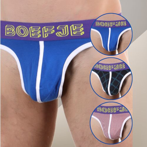 Мужские трусы тонги (синие, темно-синие с узором, красные с узором) набор 3 в1 Boefje BF52175