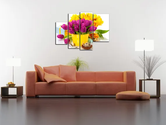 Модульная картина "Желтые и фиолетовые тюльпаны"