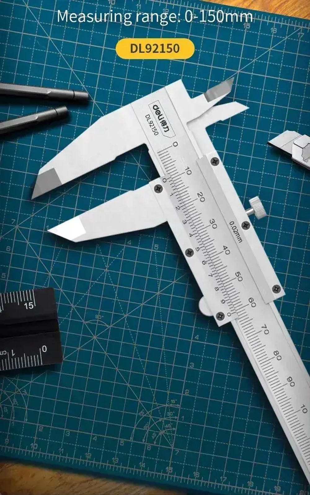 Штангенциркуль 150мм Deli DL92150 (Диапазон 0-150 мм, шаг 0,02мм, углеродистая сталь, метрическая шкала, измеряет внутренний и внешний диаметры, глубину, шаг)