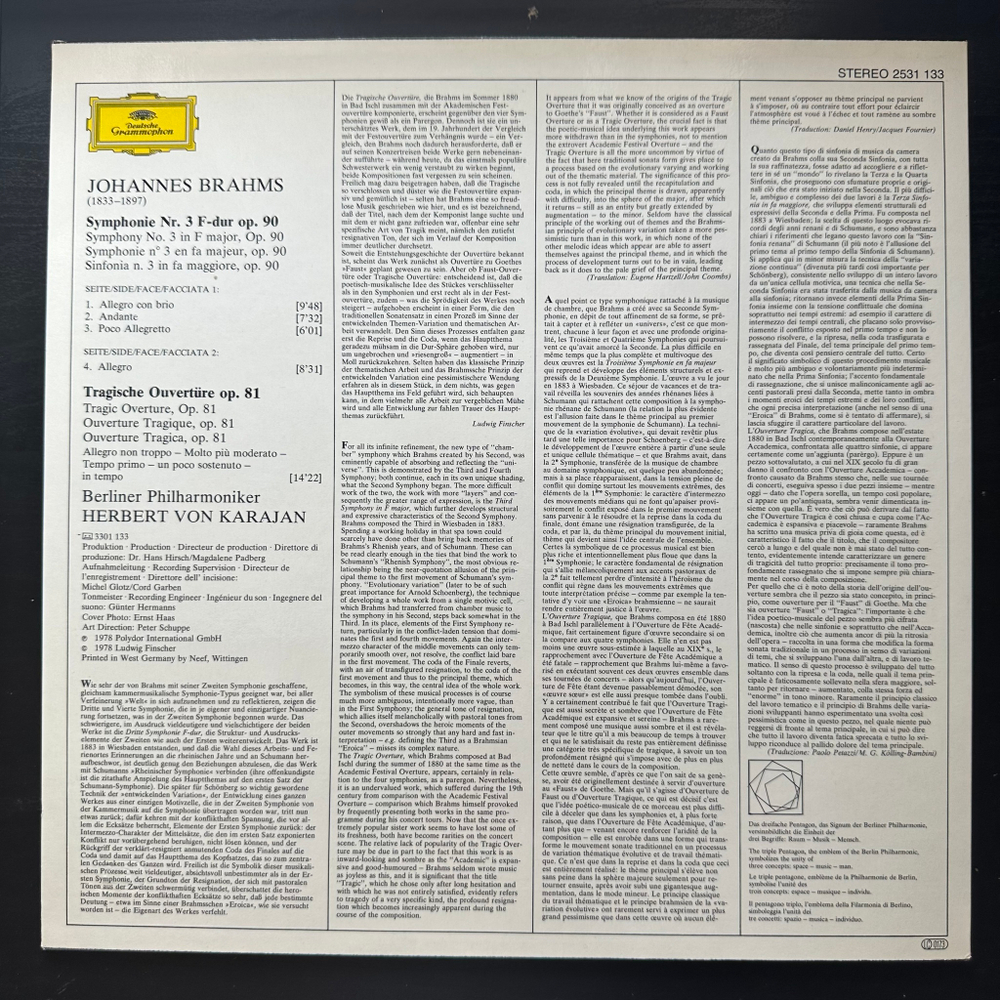 Брамс - Симфония № 3 / Трагическая увертюра (Германия 1978г.)