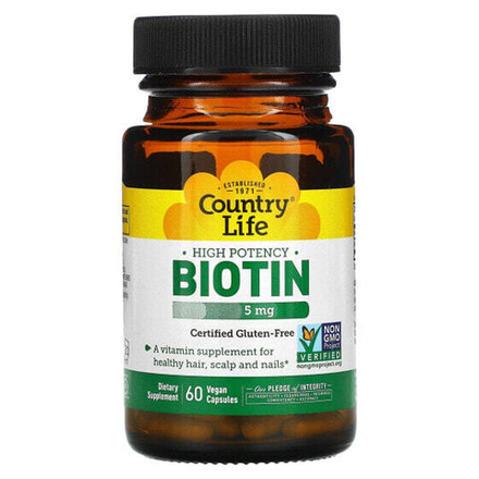 Биотин Country Life, высокоэффективный биотин, 5 мг, 60 вегетарианских капсул