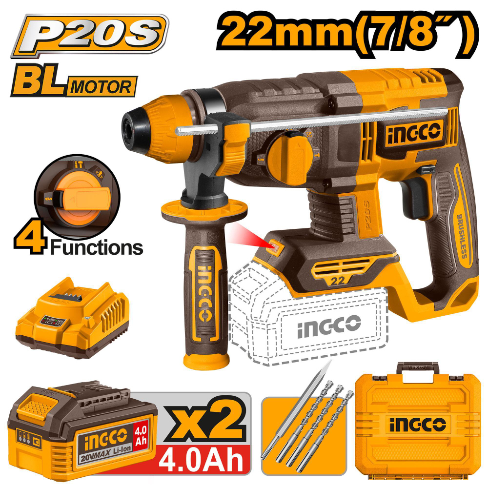 Аккумуляторный бесщеточный перфоратор SDS-Plus INGCO CRHLI212282 INDUSTRIAL 20 В 2 Дж 2x4 Ач