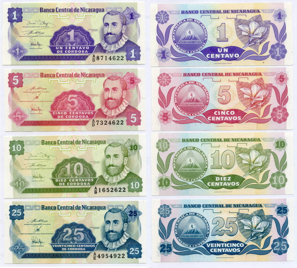Банкноты Никарагуа 4 шт (1, 5, 10 и 25 центавос) 1991 год. UNC. Номера  *30