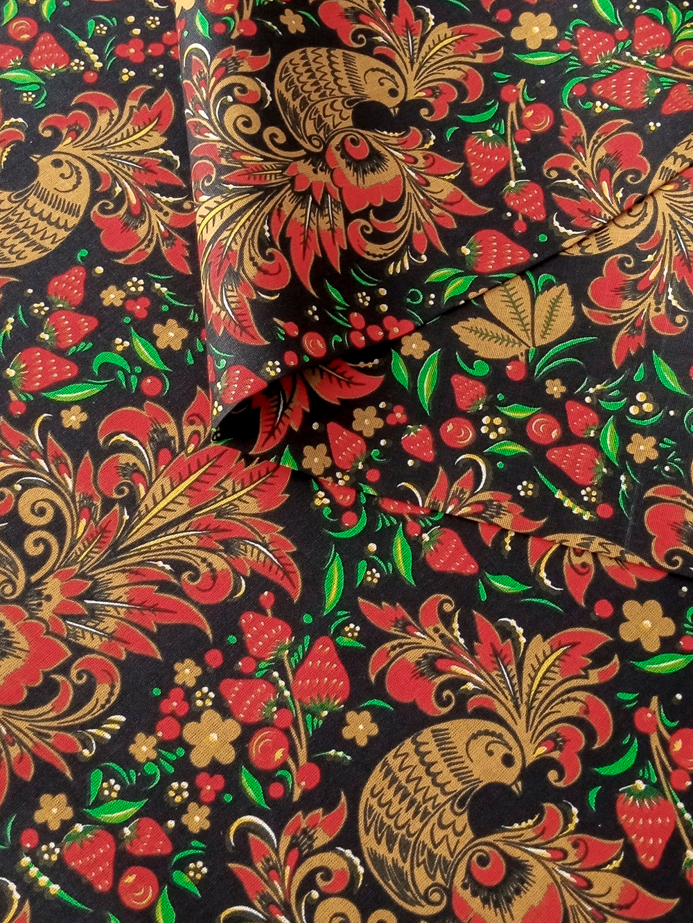 Ткань бязь плательная, рис. "Хохлома жар-птица", ширина 150 см, арт. 871