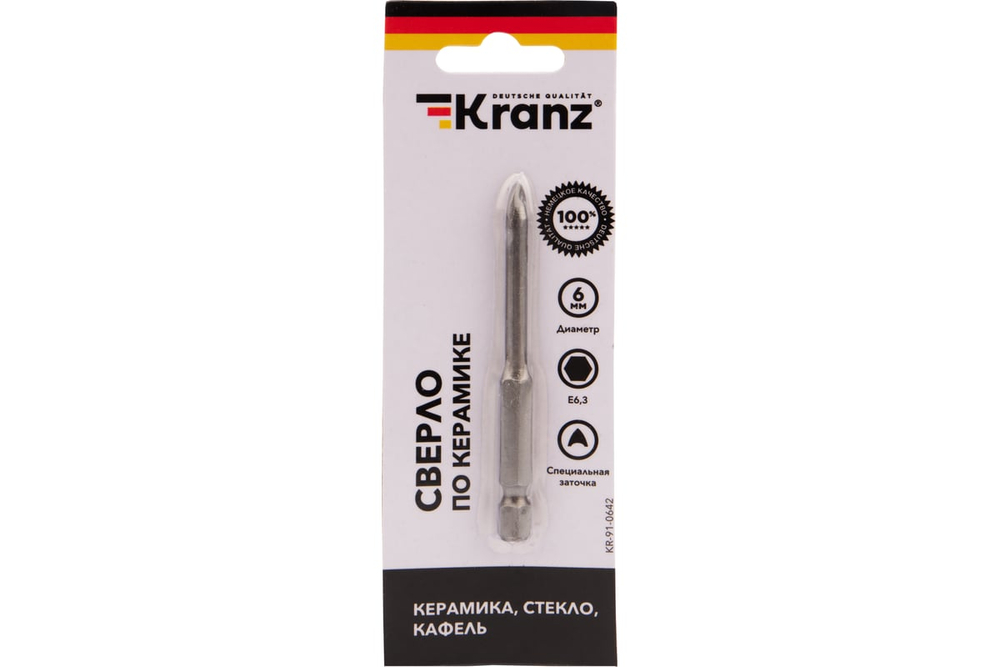 Сверло по стеклу и керамике 6 мм, шестигранный хвостовик KRANZ KR-91-0642