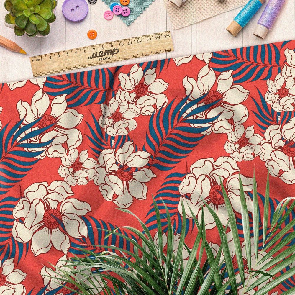 Ткань атлас пёстрый рисунок с белым цветком